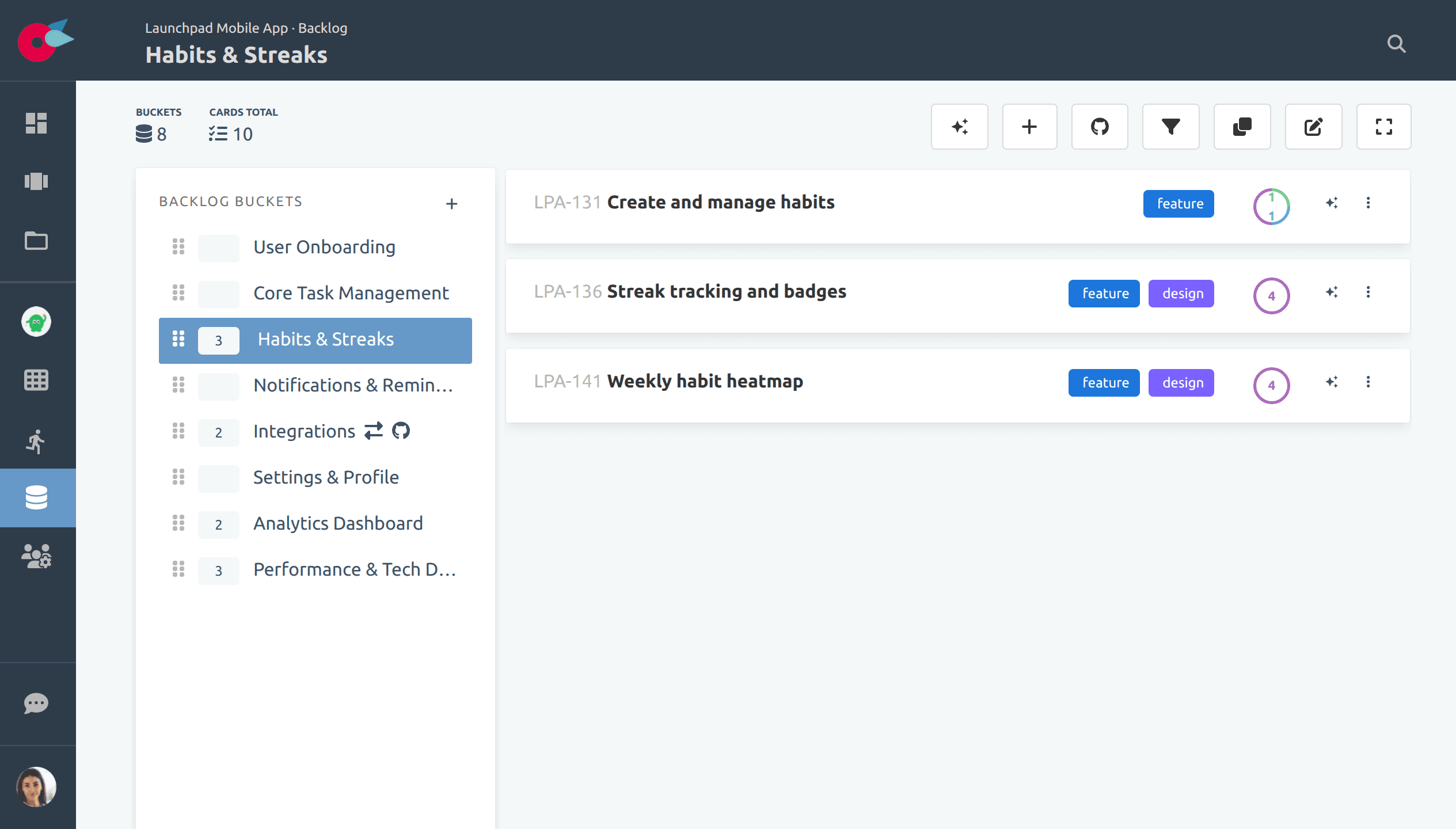 Flying Donut backlog showing GitHub Issues integrated alongside backlog cards in buckets