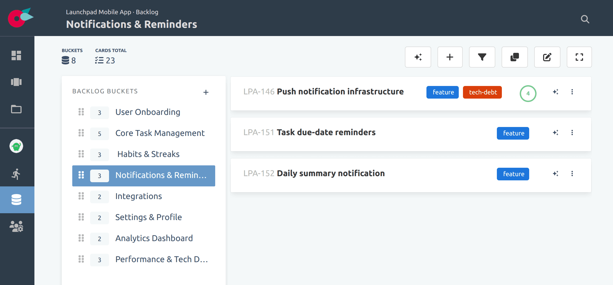 Flying Donut backlog showing items organized in buckets with estimates and assignees