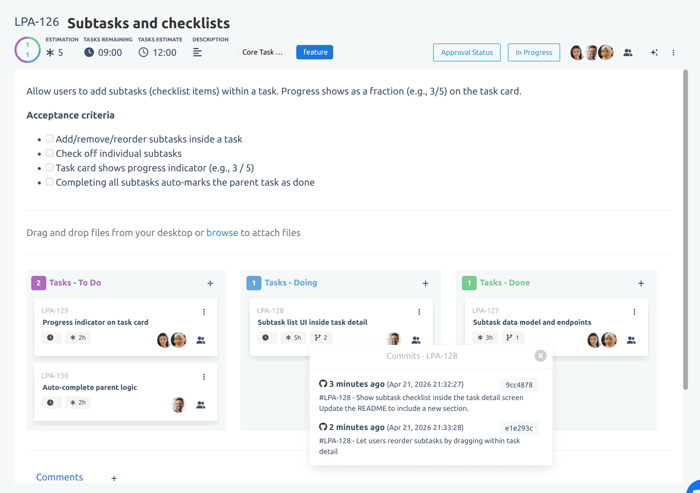 Card detail showing linked Git commits from GitHub, Bitbucket, or GitLab