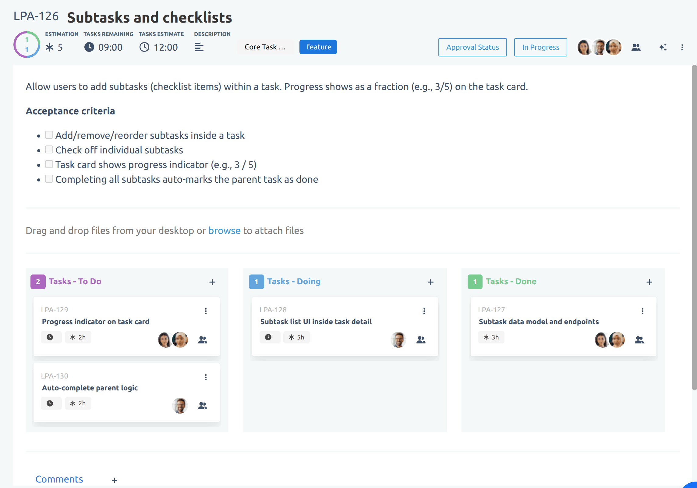 Flying Donut card detail view showing tasks, subtasks, assignees, and progress indicators