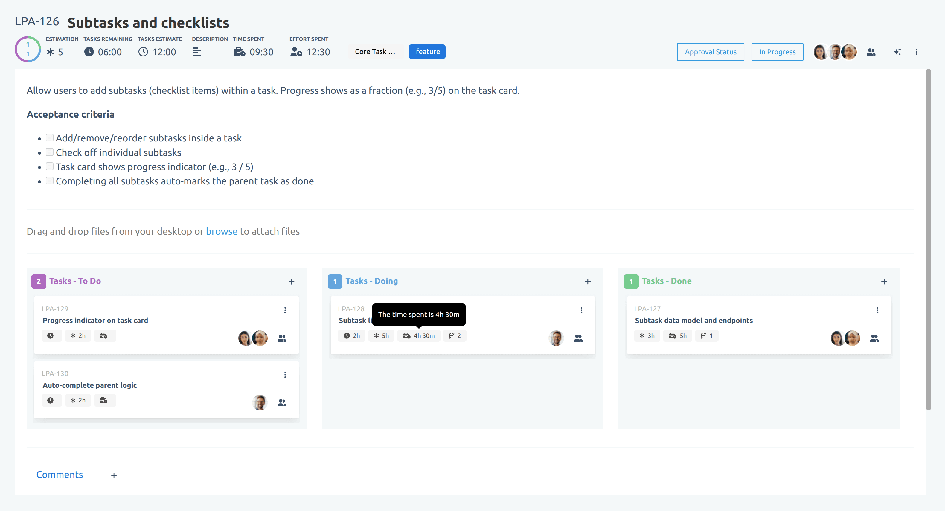 Flying Donut card detail showing tasks organised in To Do, Doing, and Done columns with time spent displayed on each task