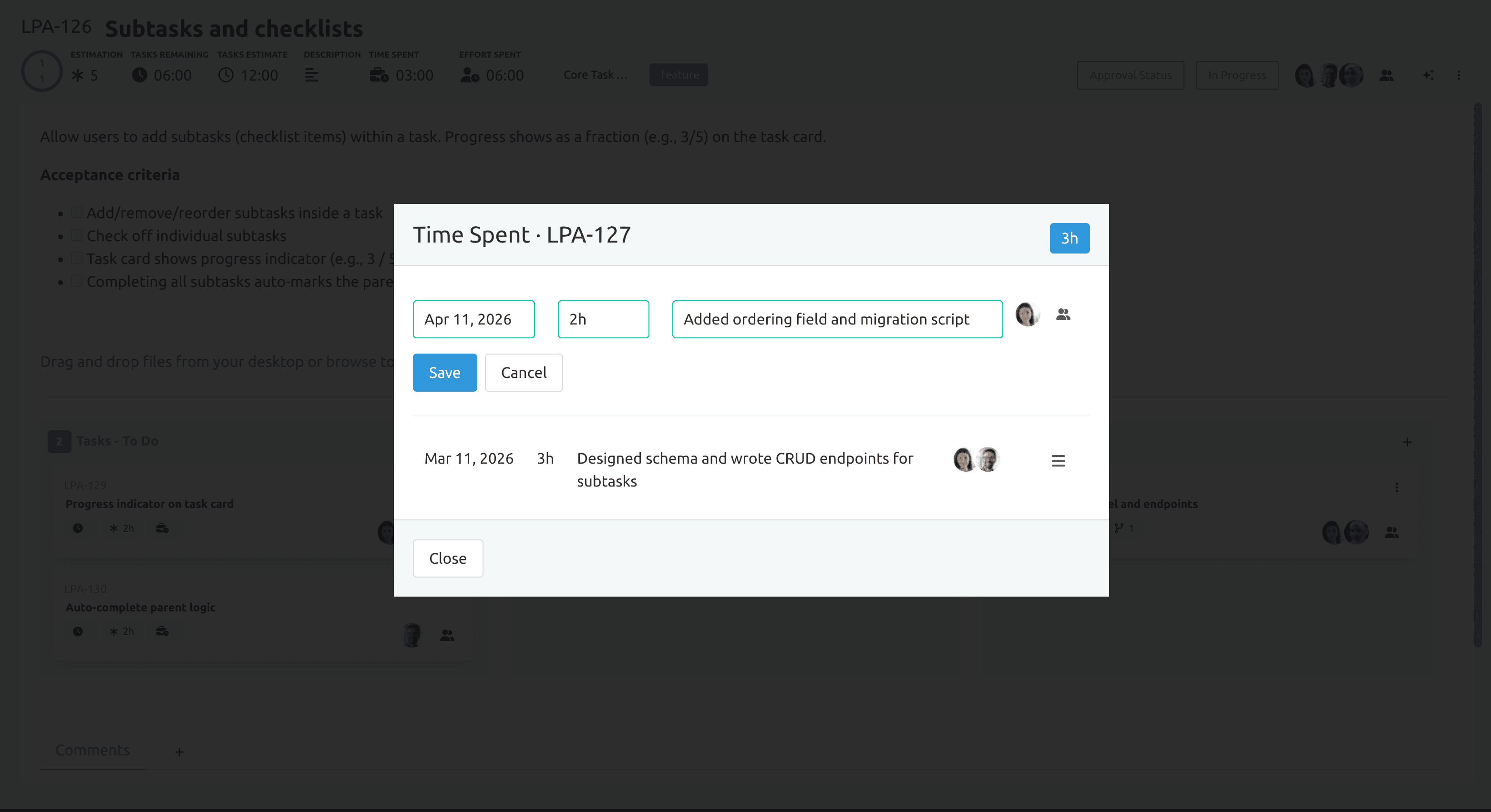 Flying Donut time spent modal showing two logged time entries with dates, hours, and descriptions