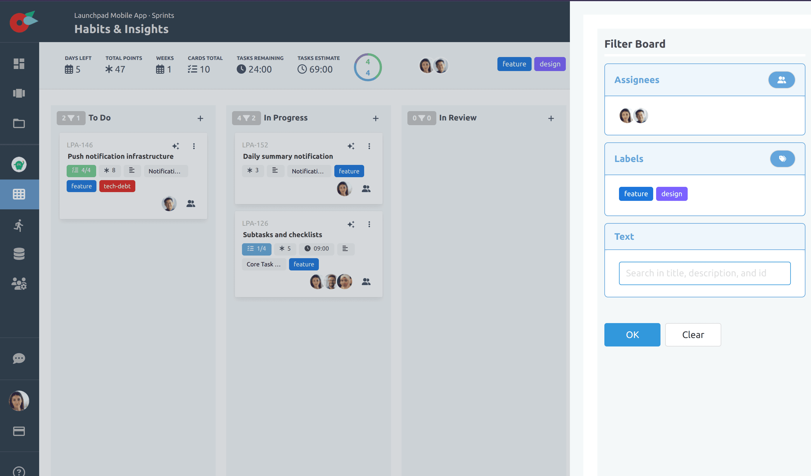 Filtered Kanban board view showing only selected label cards