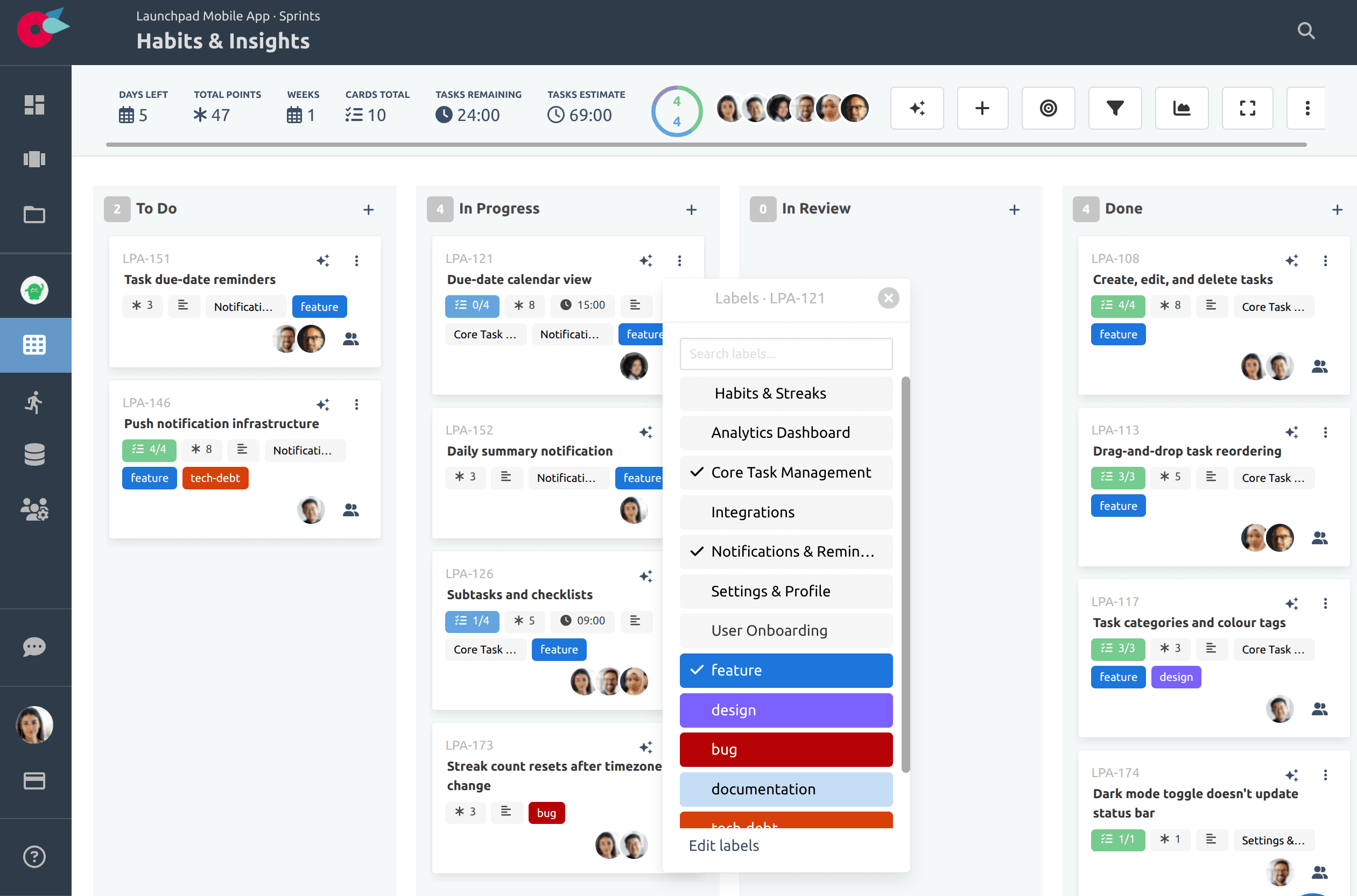 Kanban board with label list panel open showing all project labels