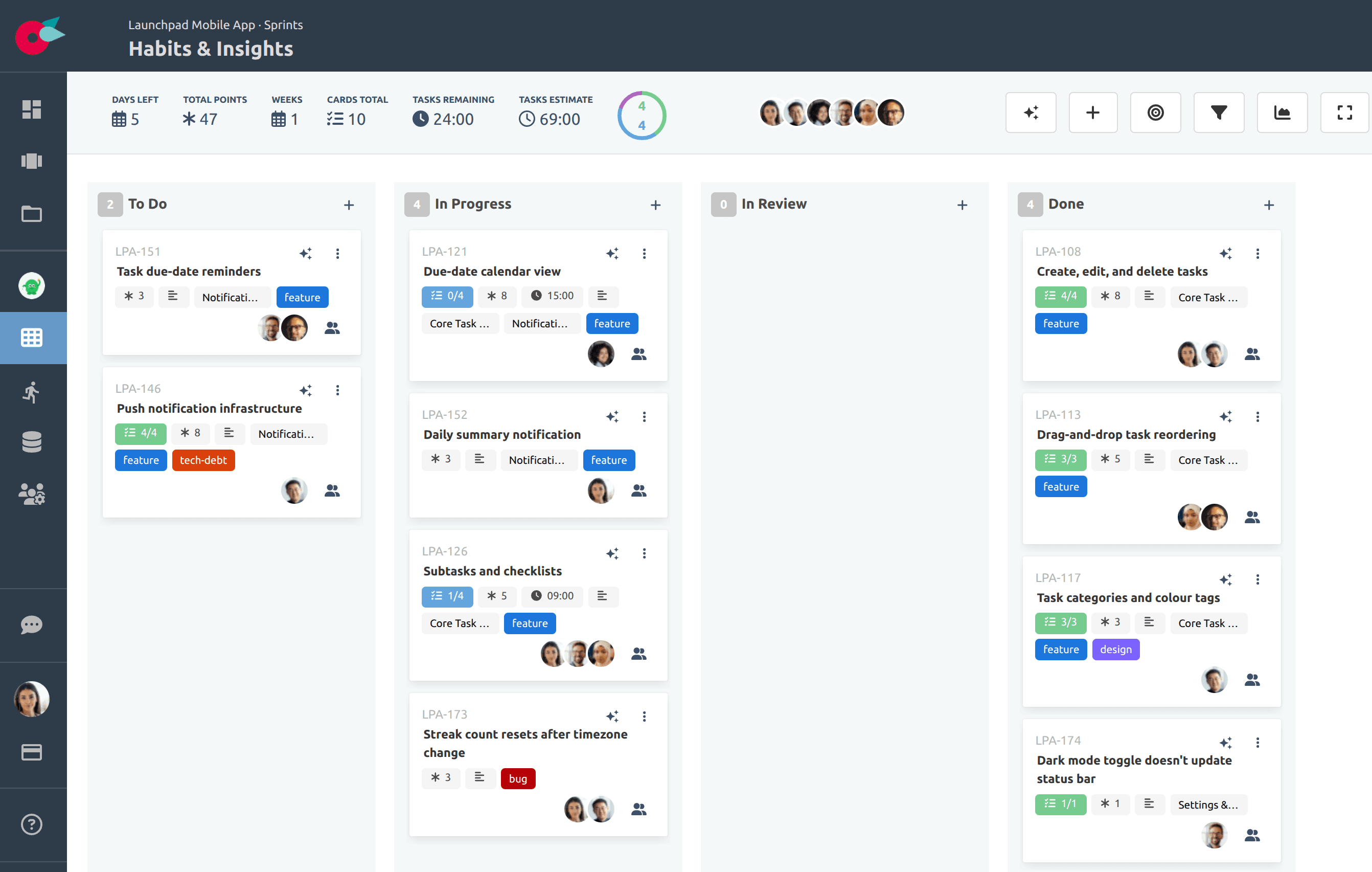 Flying Donut Kanban board with cards, labels, and team avatars