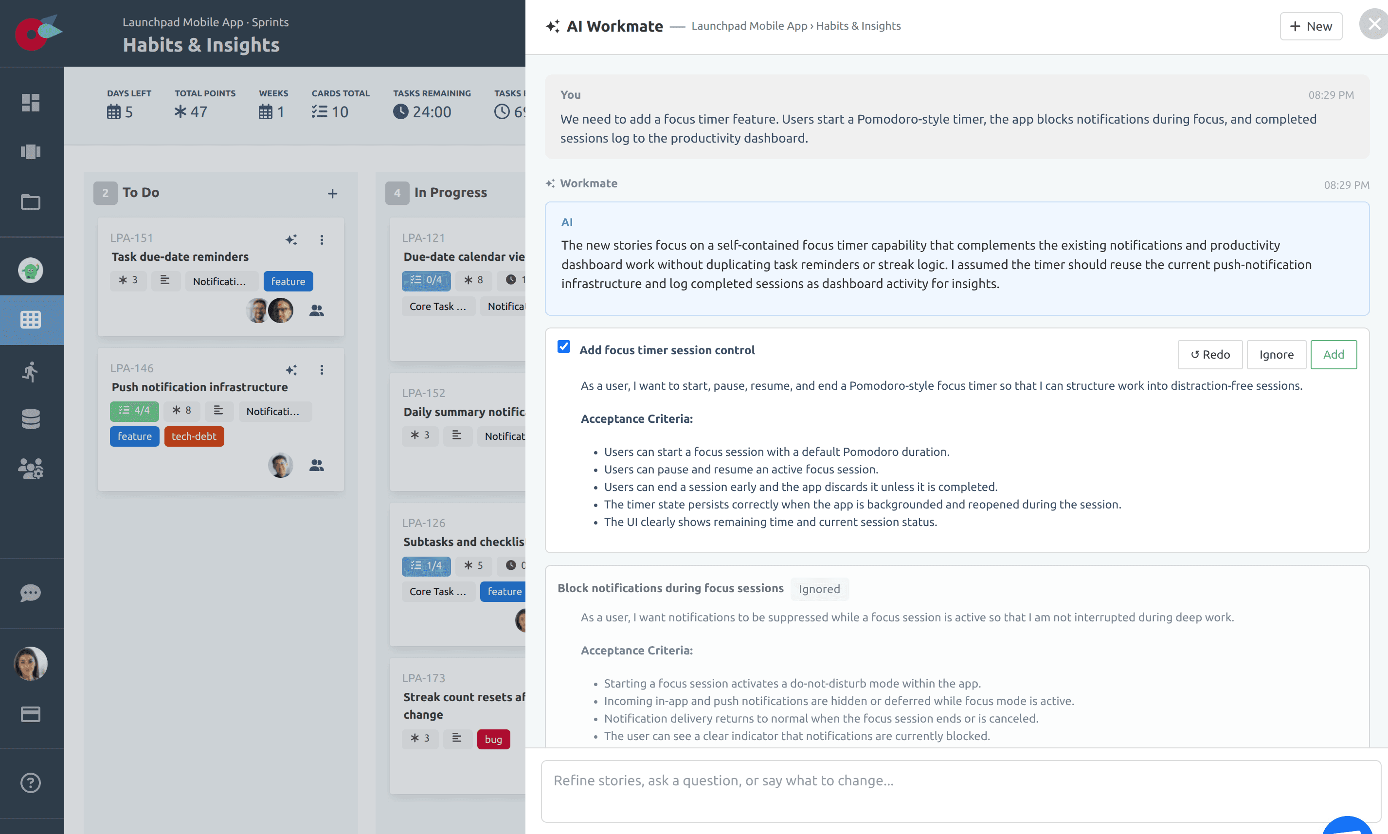 Workmate AI assistant generating backlog cards from a product brief