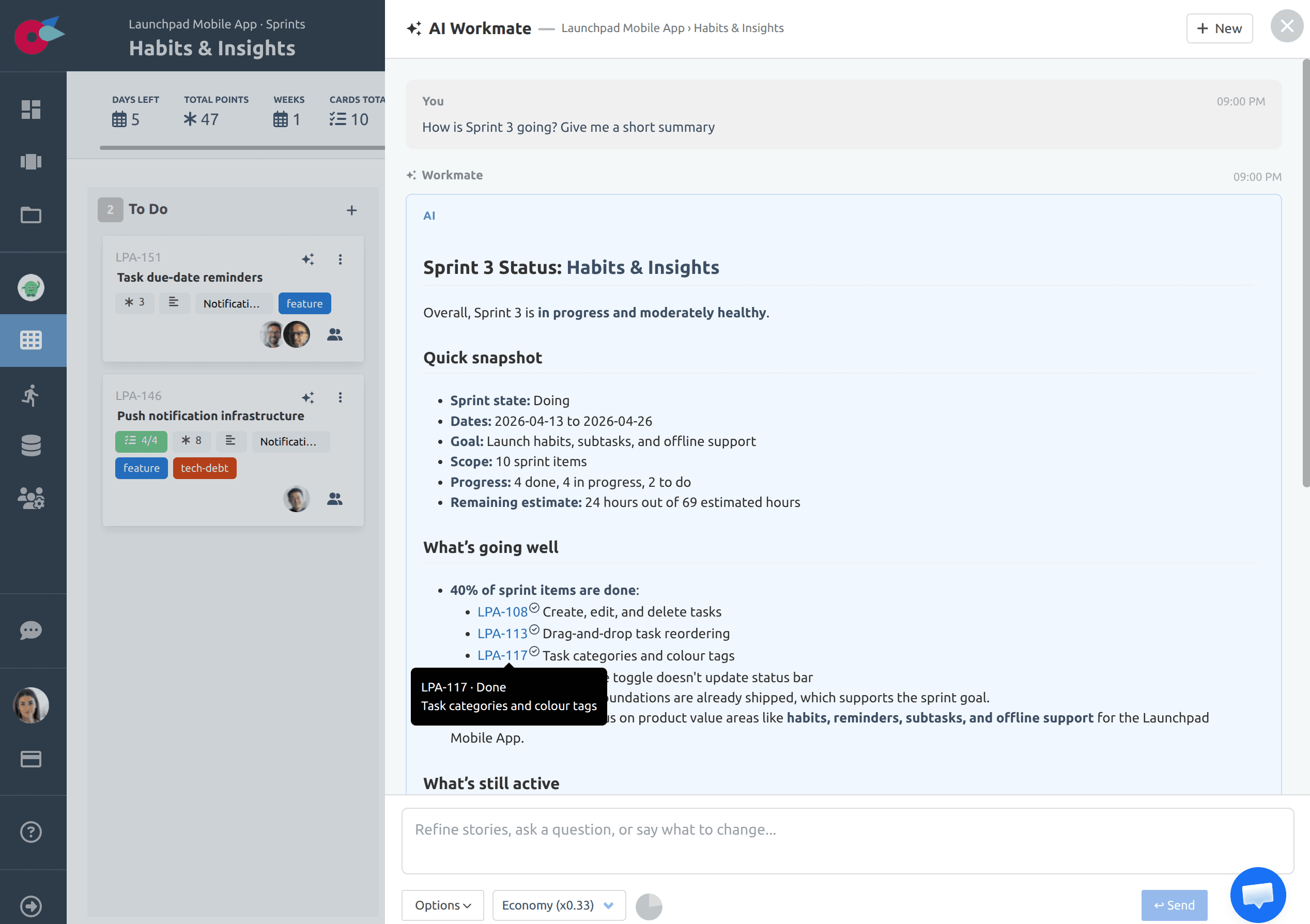 Workmate sprint summary showing progress, blocked items, and velocity insights